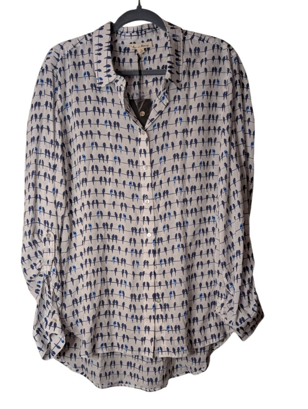 Jane & Delancey Bird Print Button Down Blouse Top Blue white size XL roll tab